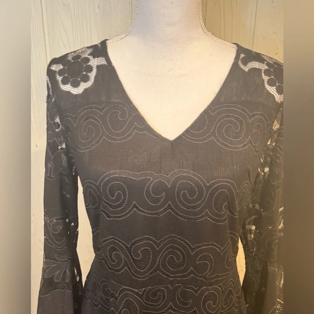 Morena Spain Black Lace High Low Dress with Wide Bell Sleeves, Size L - Picture 2 of 15